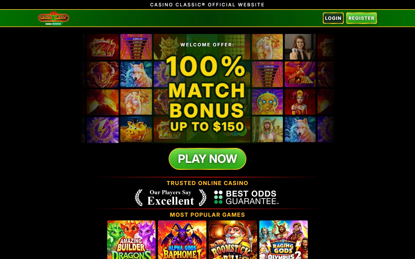 Casino Classic homepage offering a 100 percent match bonus up to 150 dollars