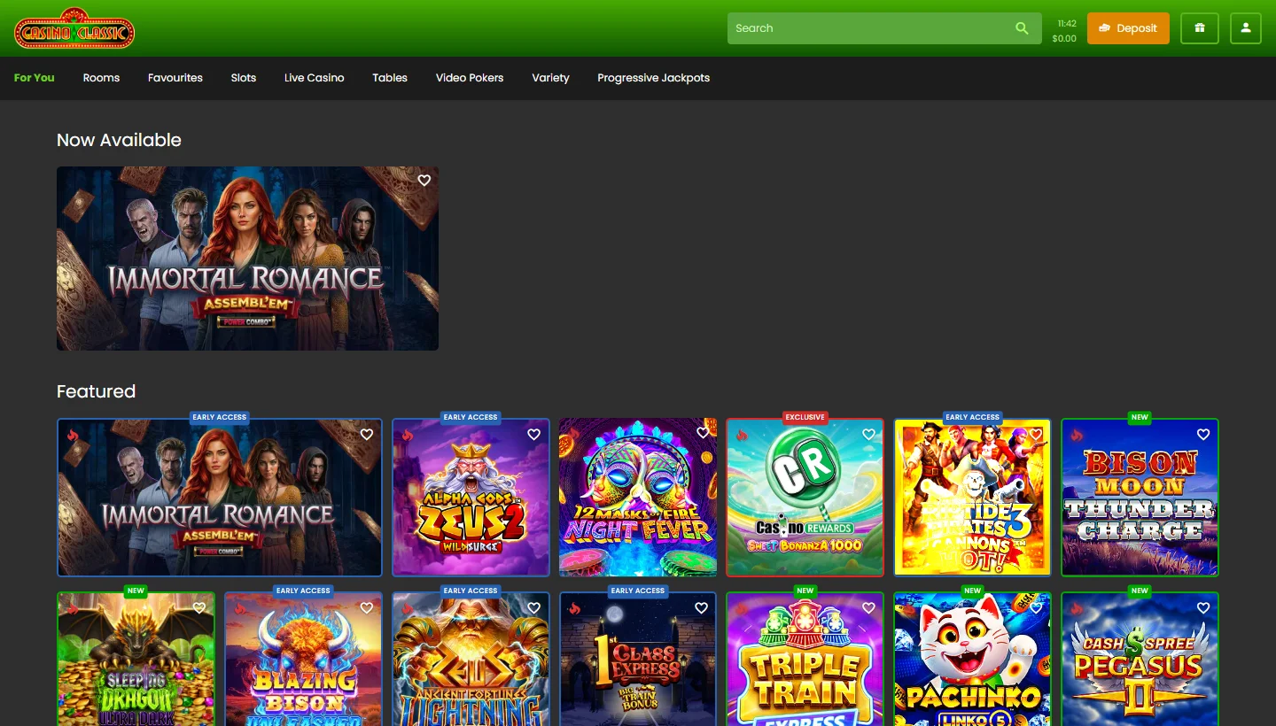Casino Classic For You lobby page with featured game rows