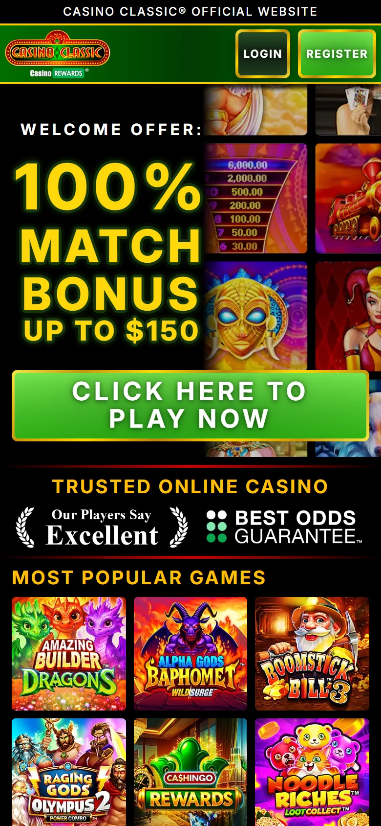 Casino Classic mobile homepage with the match bonus offer