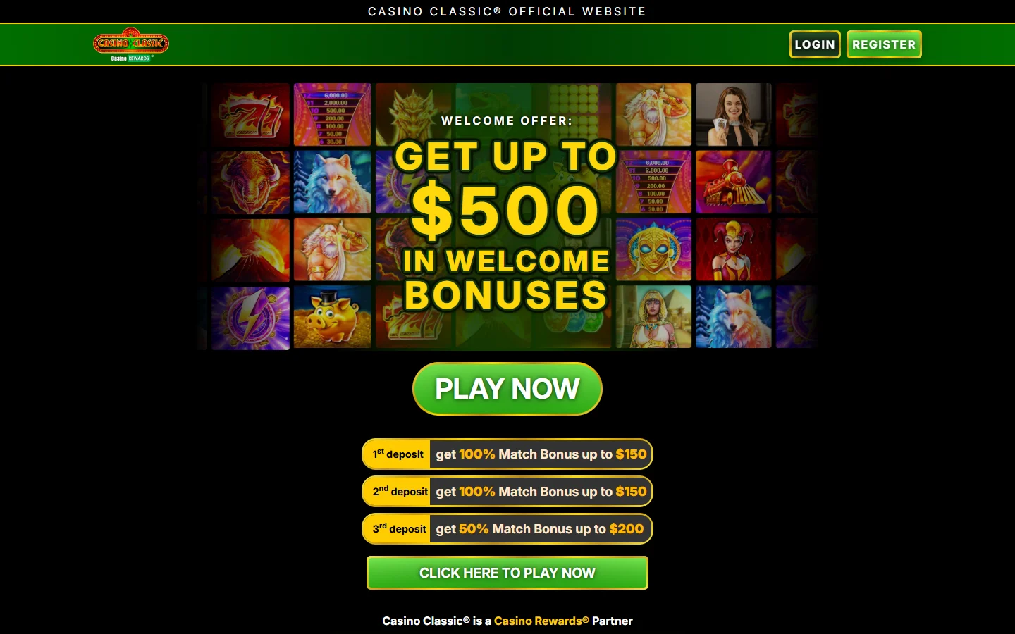Casino Classic bonus page showing the 500 dollar three deposit welcome package