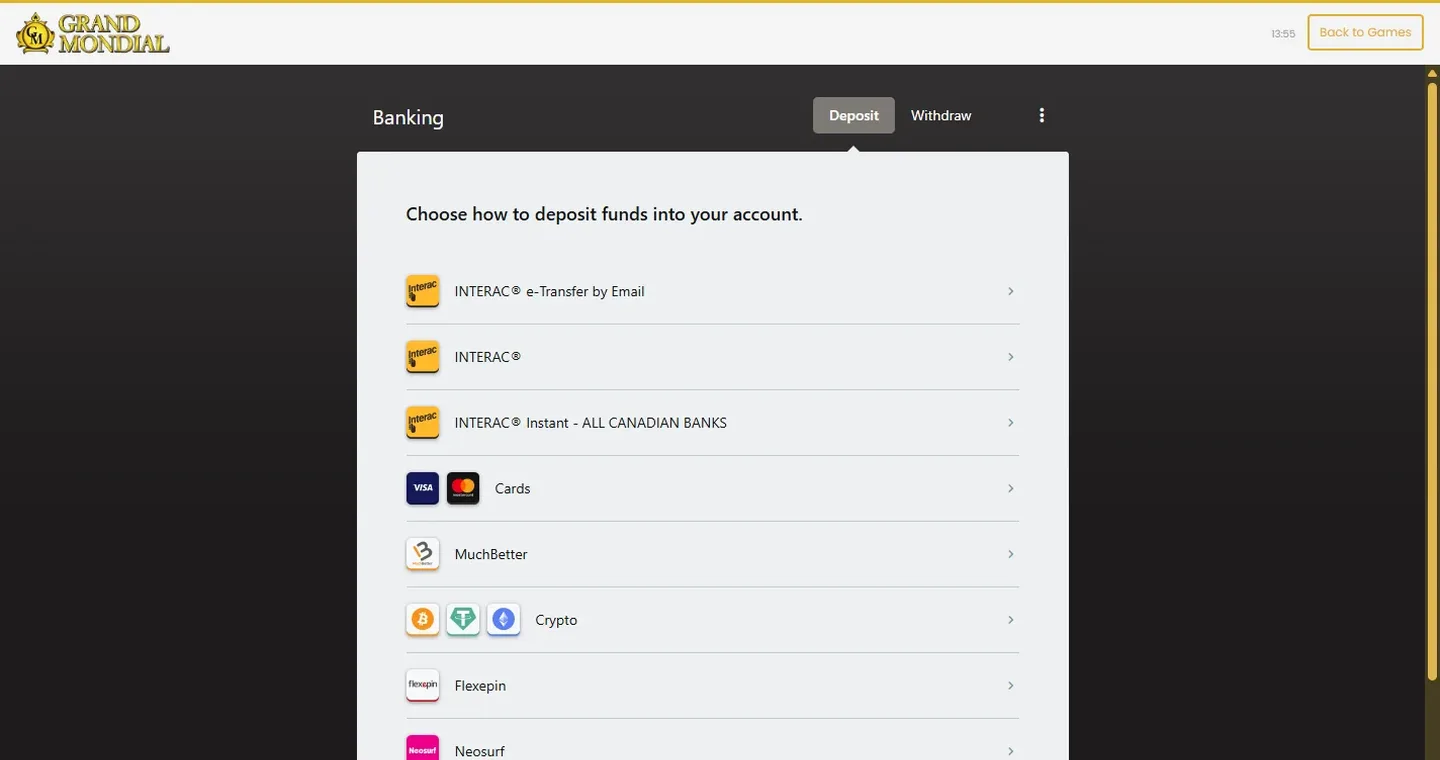 Grand Mondial Casino cashier deposit screen listing Interac, cards, MuchBetter, crypto, Flexepin and Neosurf
