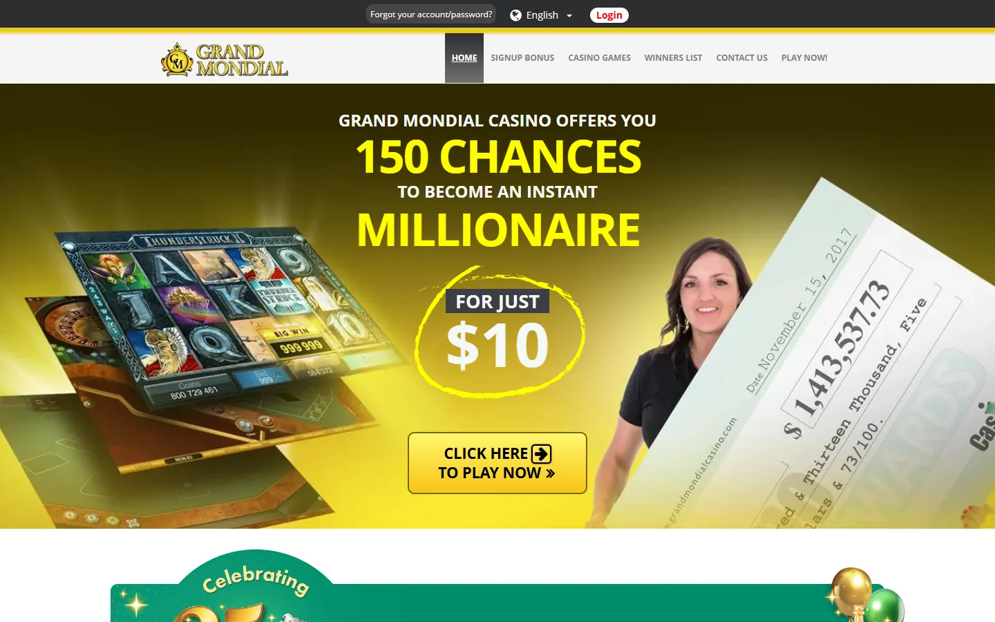 Grand Mondial Casino homepage offering 150 chances to become an instant millionaire for $10