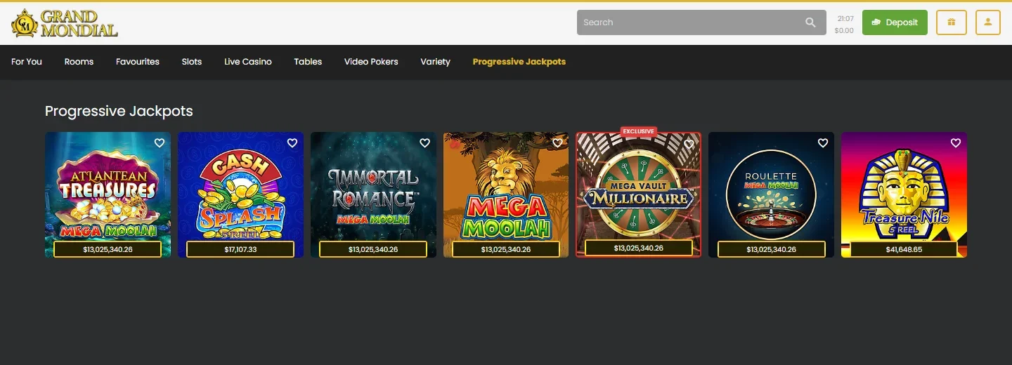 Grand Mondial Casino Progressive Jackpots tab showing all seven progressive games in a single row