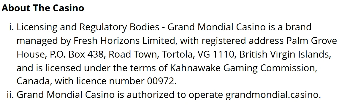 Grand Mondial Casino terms naming Fresh Horizons Limited and Kahnawake licence 00972