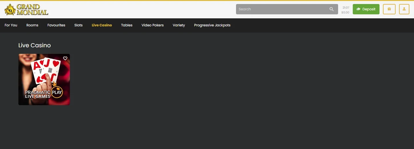 Grand Mondial Casino Live Casino tab containing a single Pragmatic Play Live Games tile