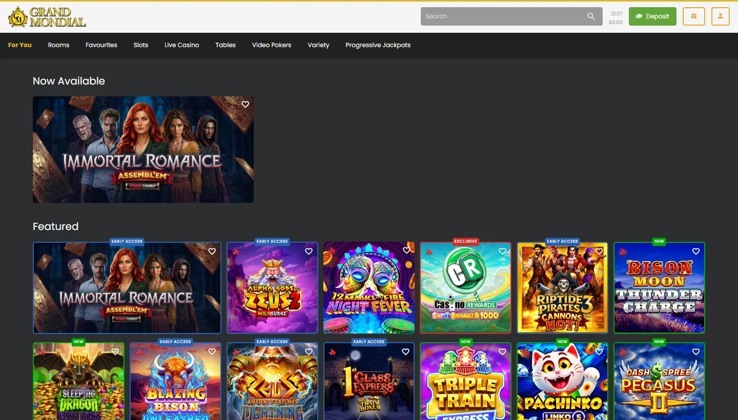 Grand Mondial Casino For You lobby page with featured and new game rows