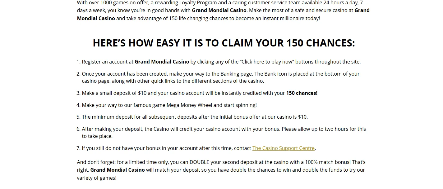 Grand Mondial Casino offer banner promoting 150 chances for a $10 deposit