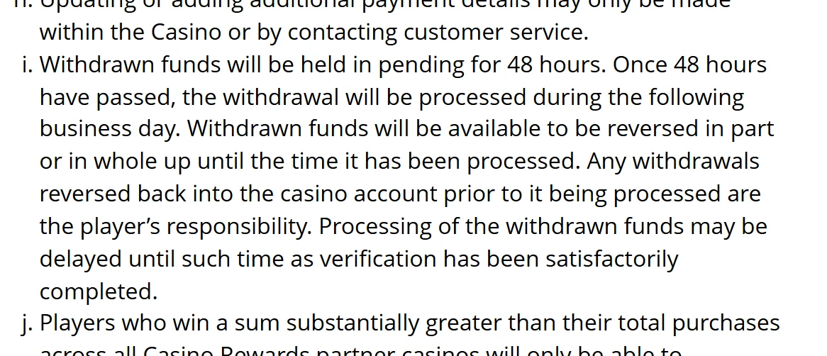 Grand Mondial Casino terms clause describing the 48 hour pending period and reversible withdrawals
