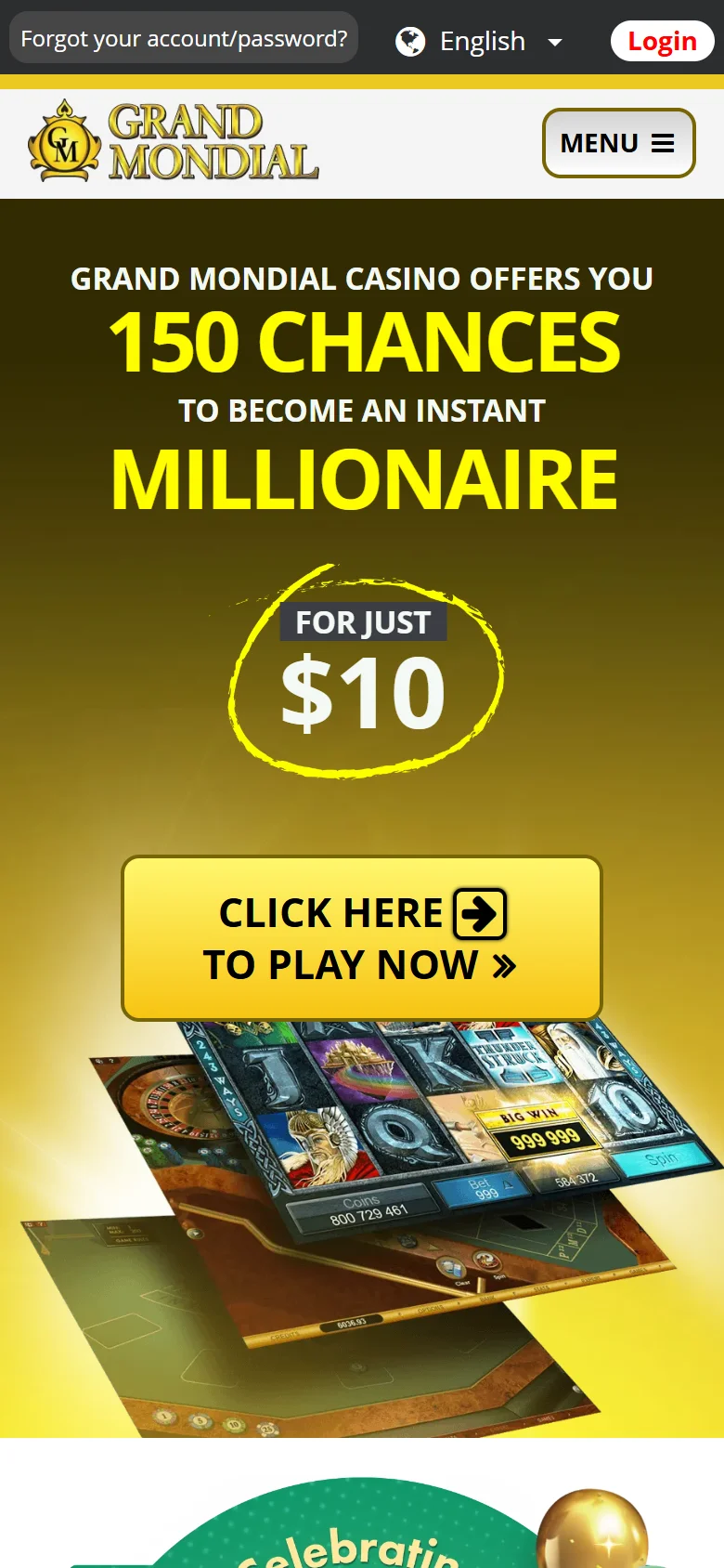 Grand Mondial Casino mobile homepage showing the 150 chances offer