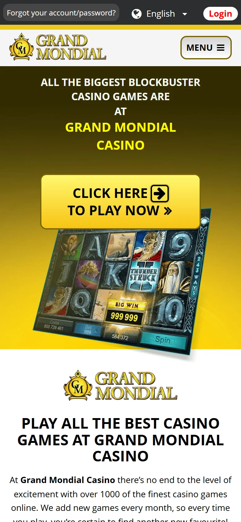 Grand Mondial Casino mobile casino games page listing game categories