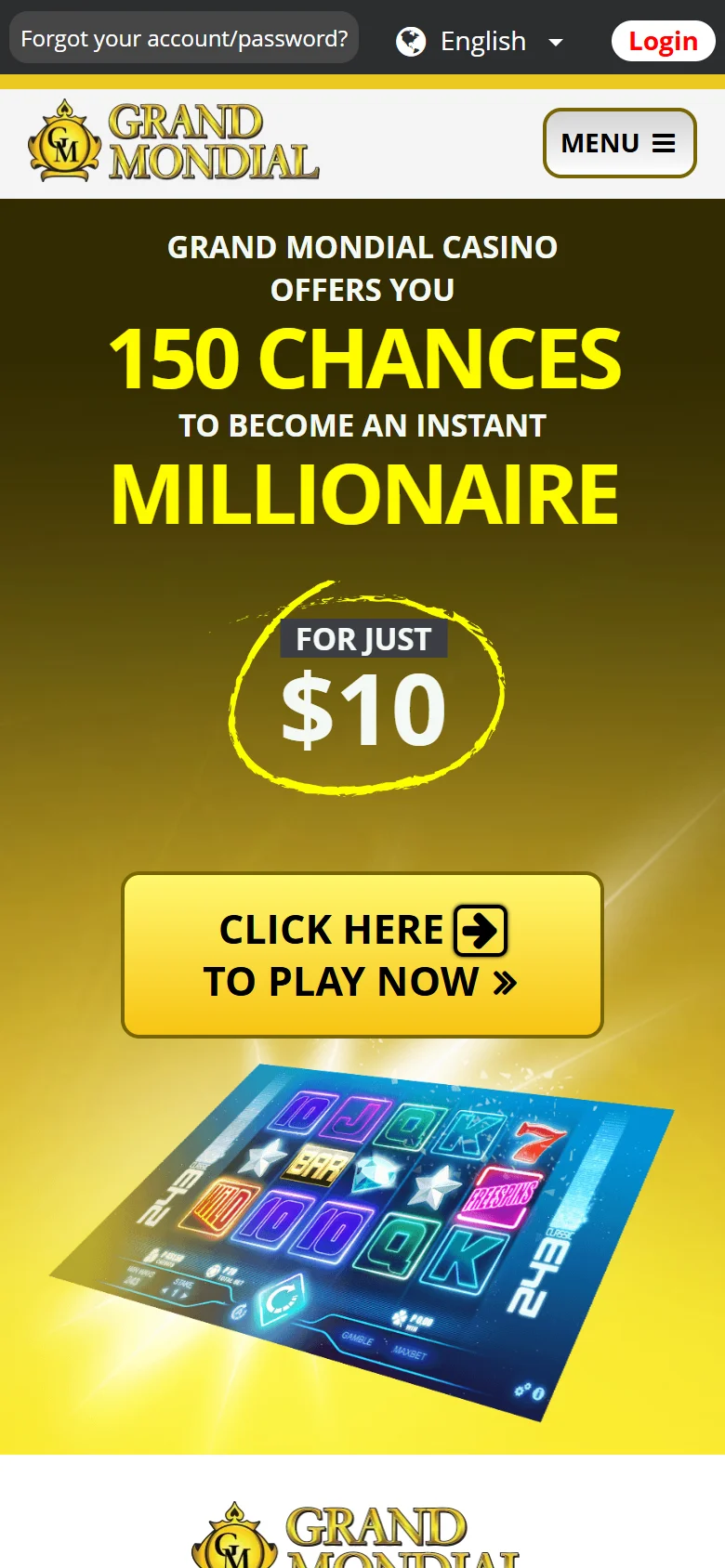 Grand Mondial Casino mobile signup bonus page with the claim instructions