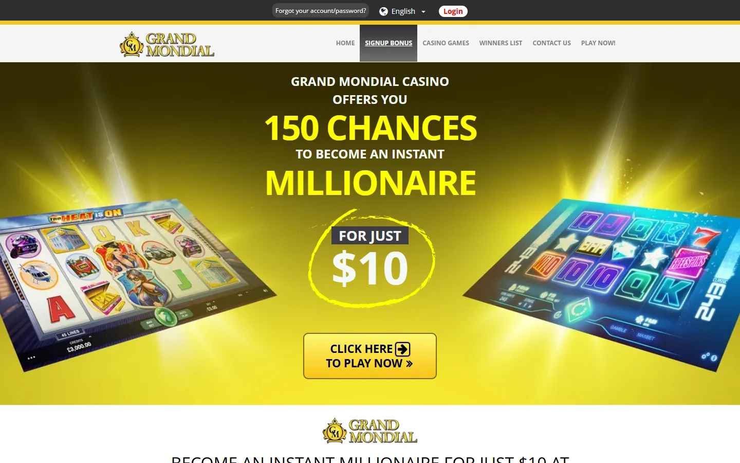 Grand Mondial Casino signup bonus page explaining how to claim the 150 chances