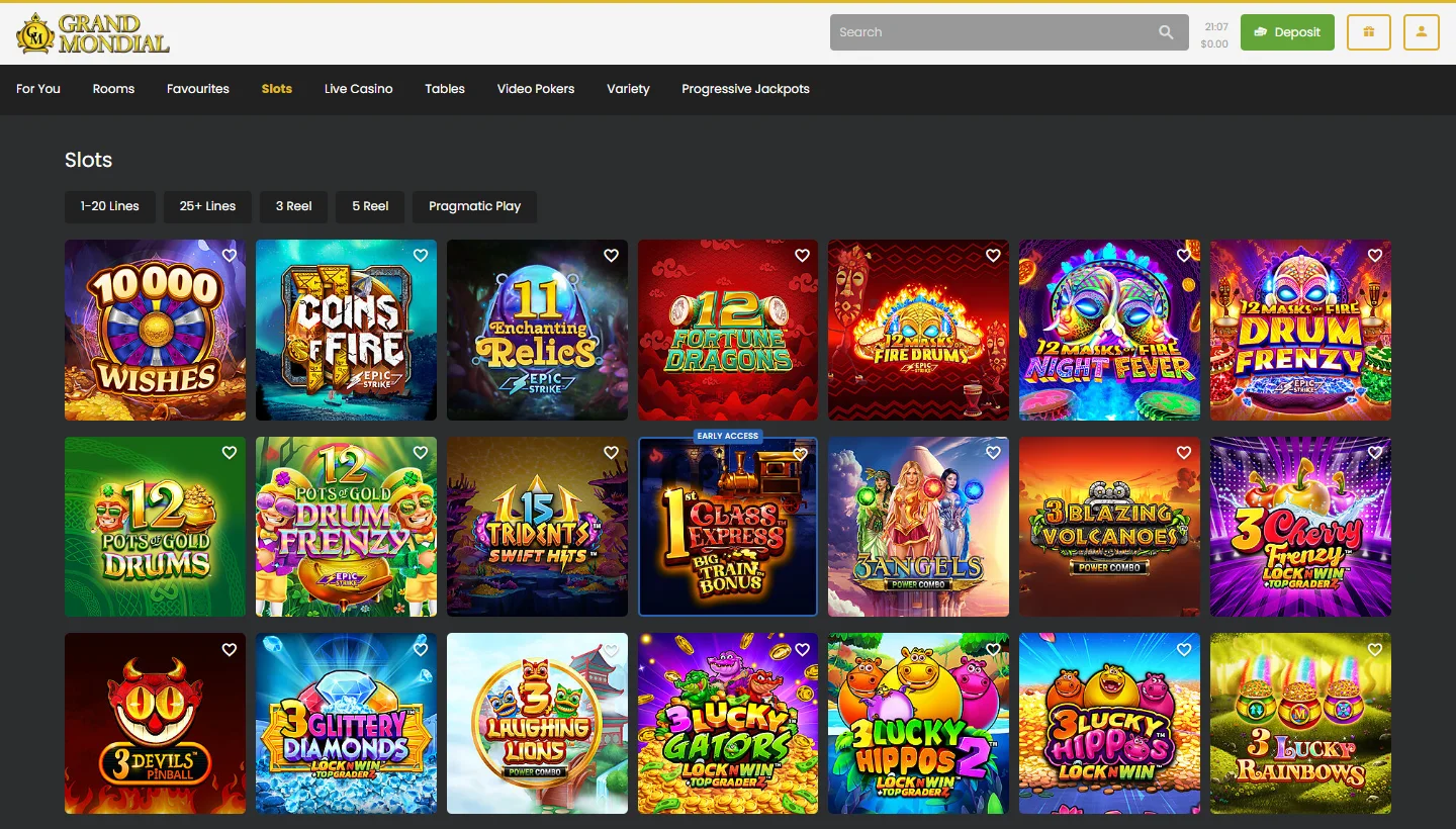 Grand Mondial Casino Slots tab filled with rows of slot game tiles from Games Global and Pragmatic Play