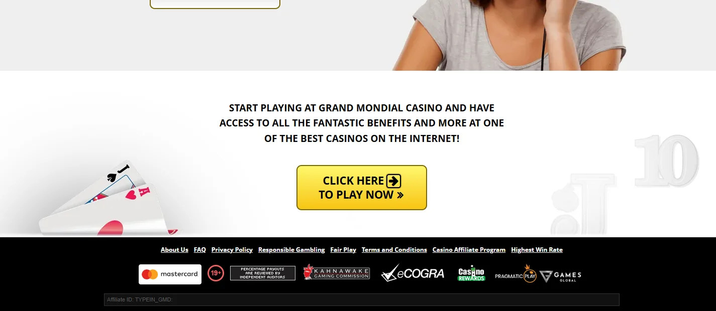 Grand Mondial Casino footer with Kahnawake, eCOGRA and payment provider badges