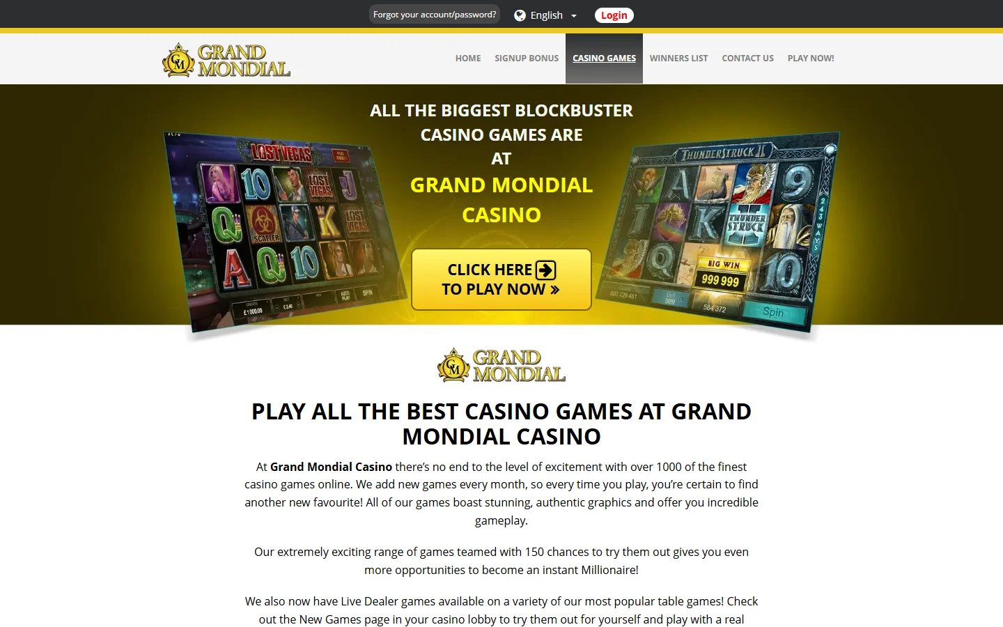 Grand Mondial Casino public casino games page listing game categories