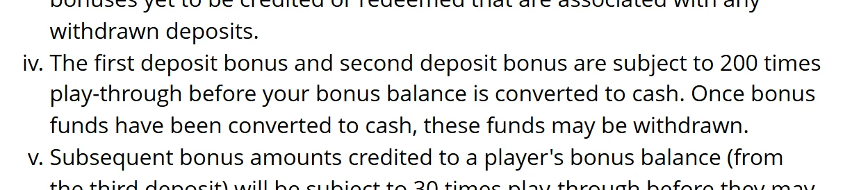 Grand Mondial Casino terms clause stating 200 times play-through on the first and second deposit bonus