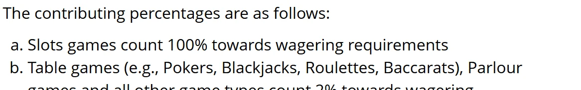Grand Mondial Casino terms listing slots at 100 percent and table games at 2 percent toward wagering