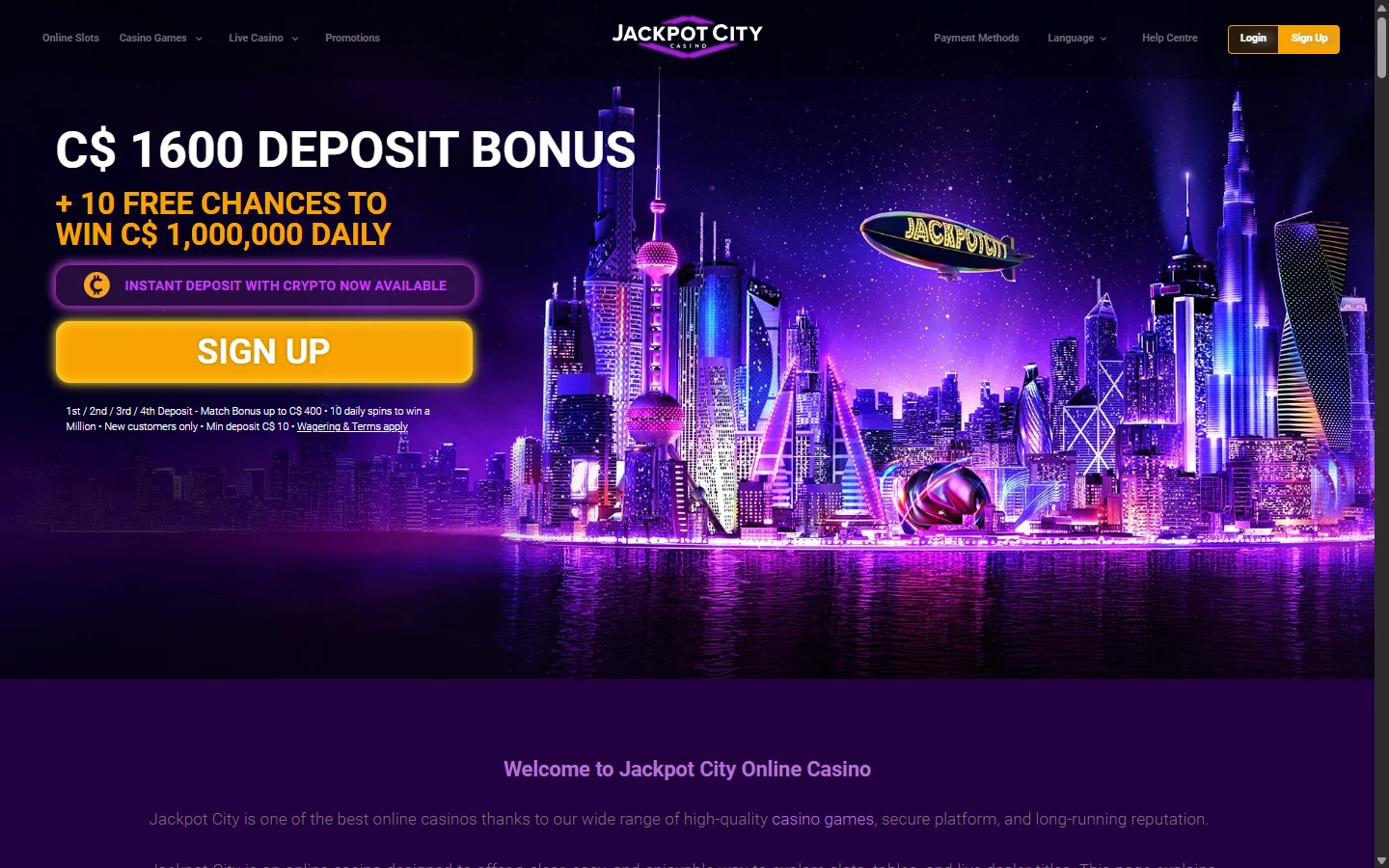 Jackpot City casino homepage for Canada with the C$1,600 welcome offer banner