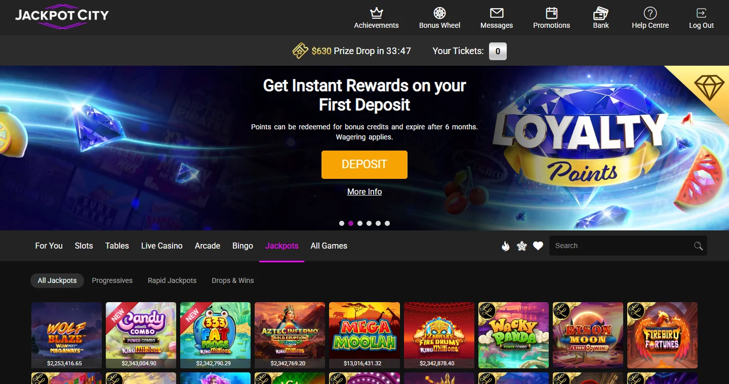 Jackpot City jackpots lobby with live ticker values on Mega Moolah and WowPot tiles