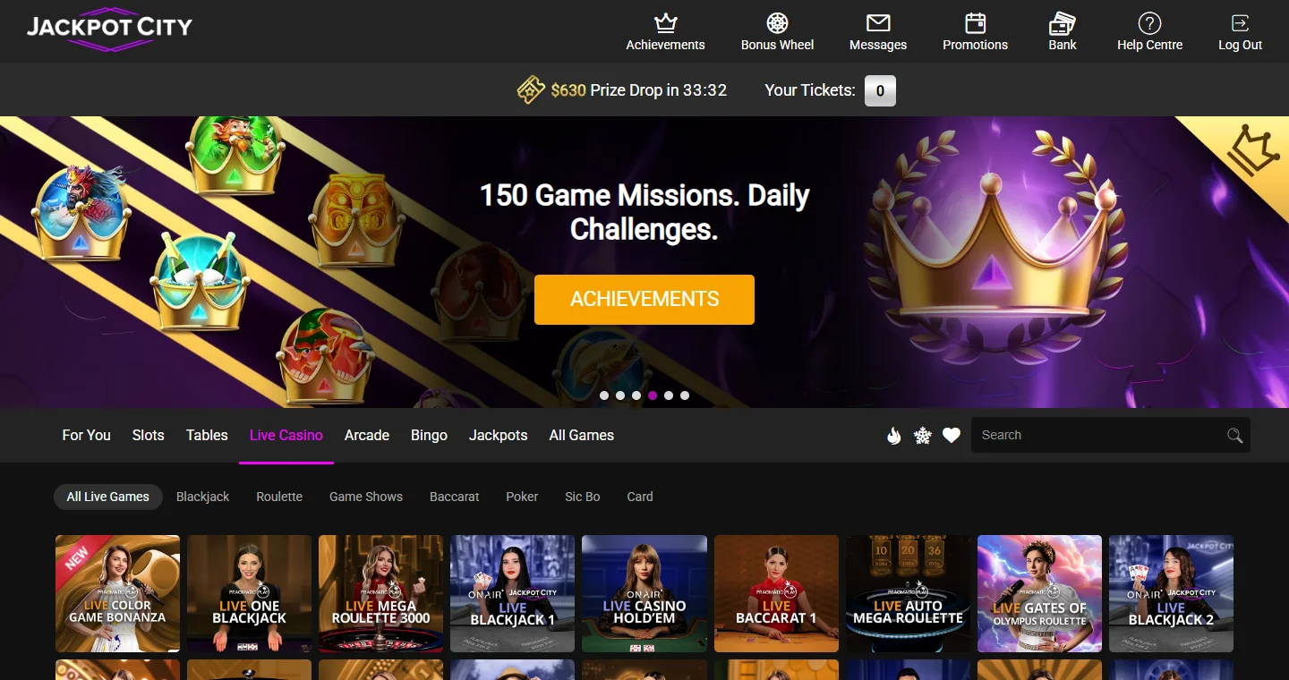 Jackpot City live casino tab with branded blackjack and roulette tables