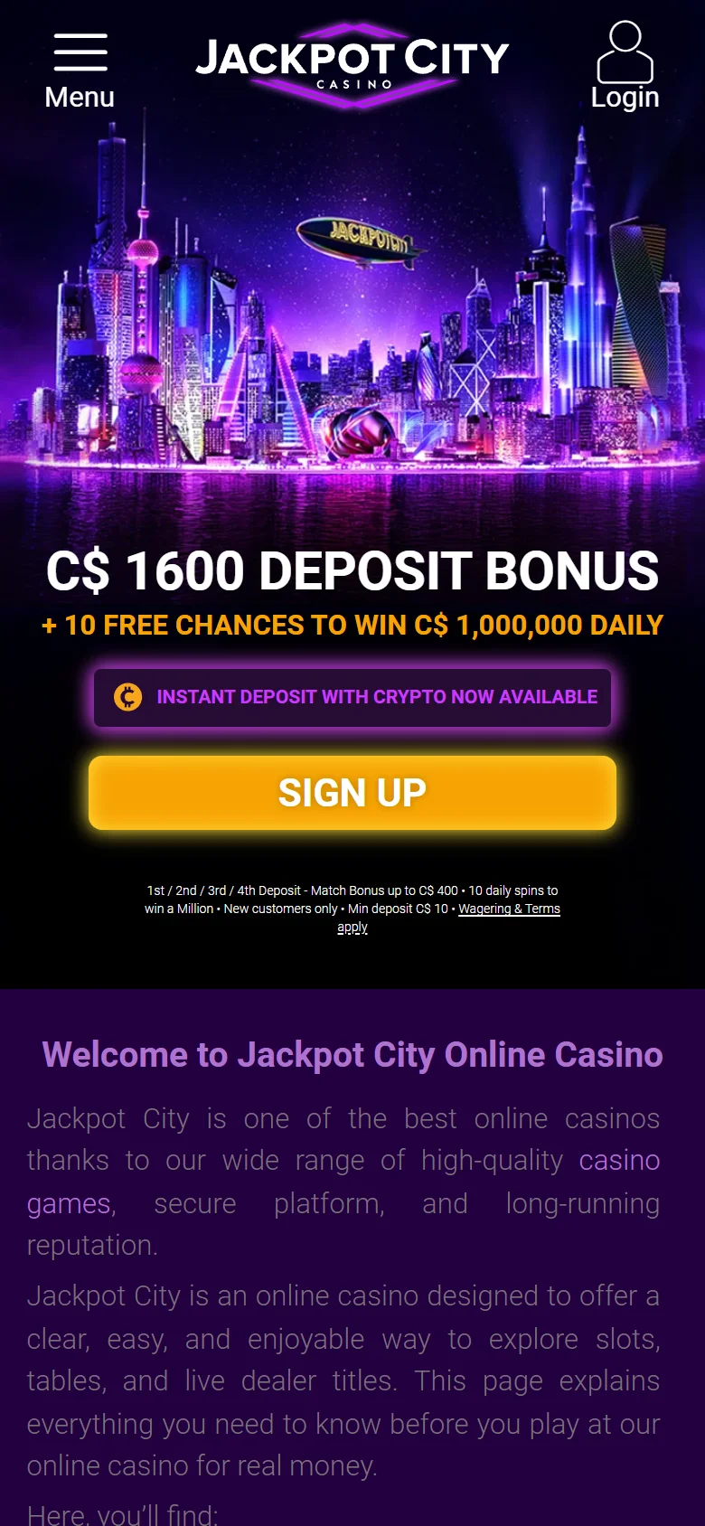 Jackpot City mobile homepage with the Canadian welcome offer