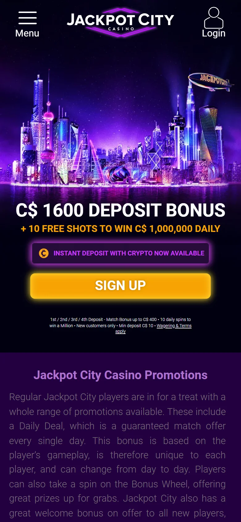 Jackpot City promotions page listing the welcome package and daily prize wheel offers