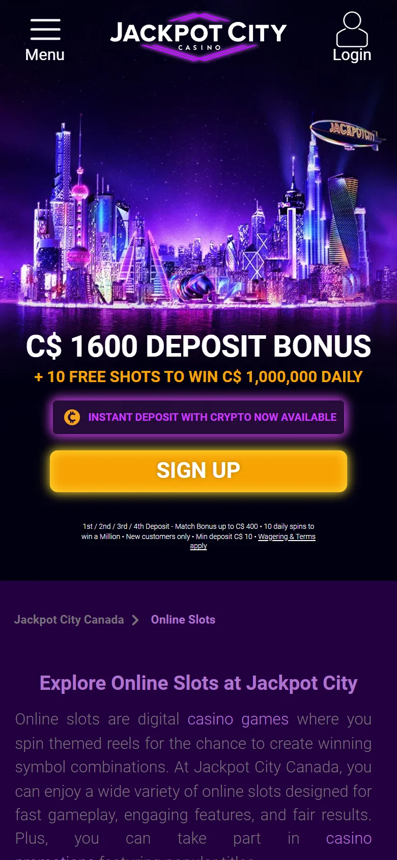 Jackpot City mobile slots lobby with the game grid