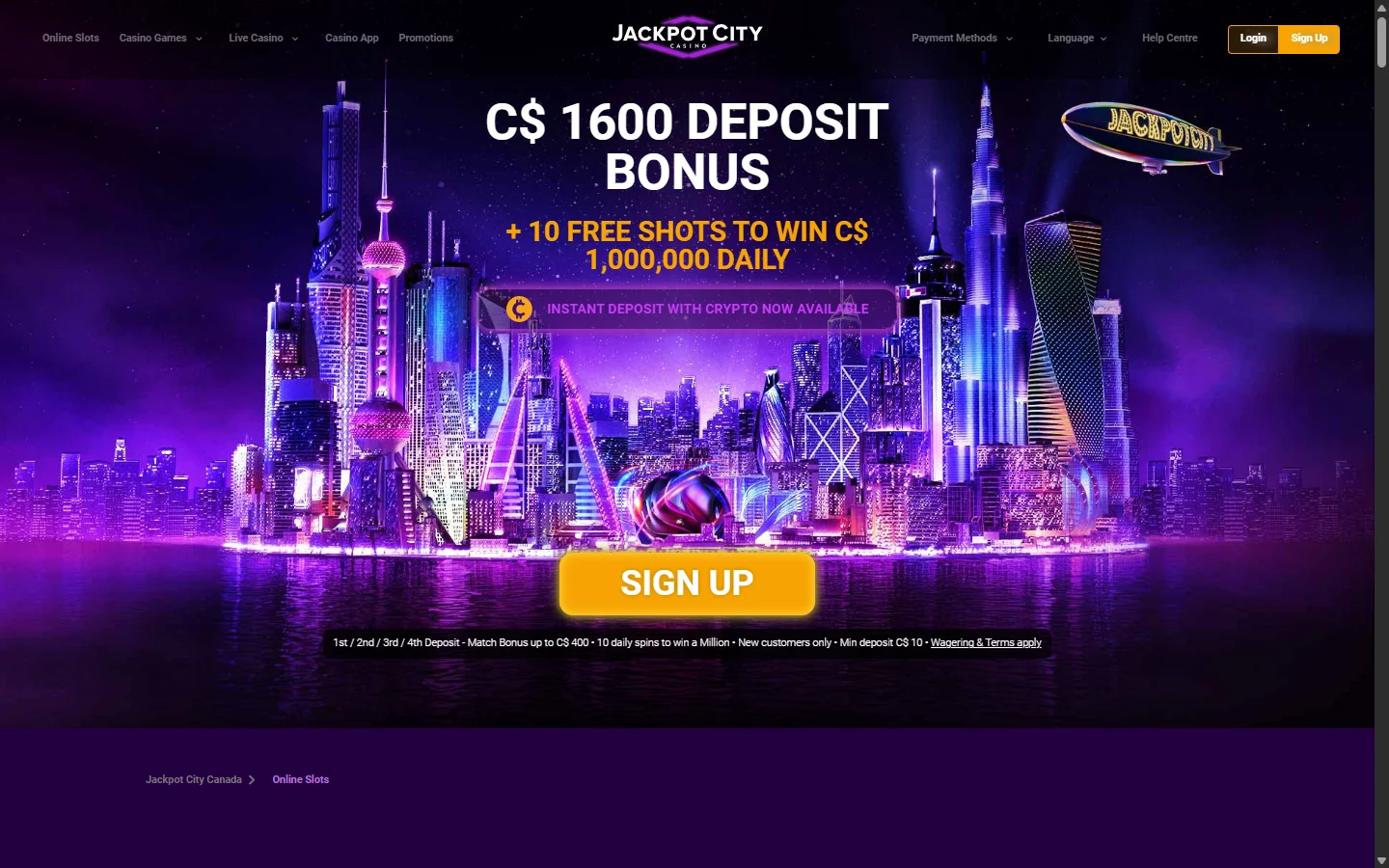 Jackpot City online slots page showing the public game grid