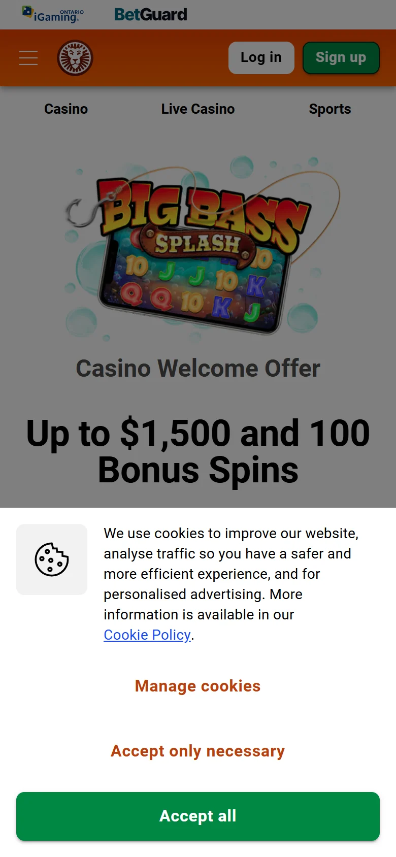 LeoVegas Ontario mobile homepage with the welcome offer