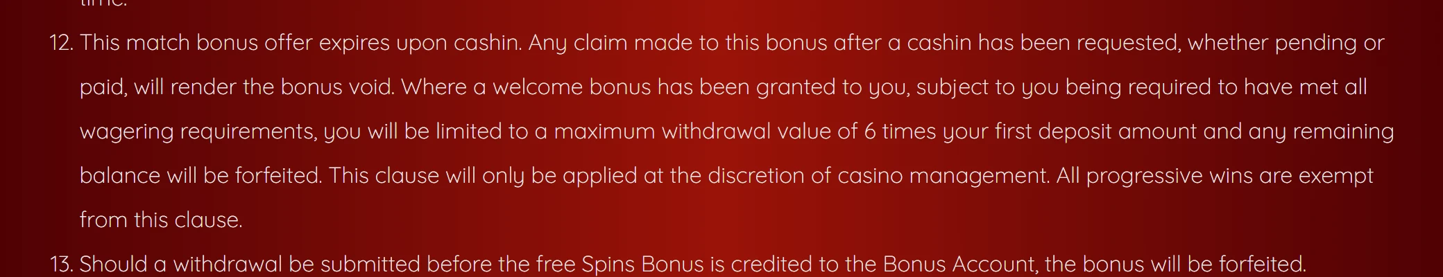 Royal Vegas Casino terms capping bonus withdrawals at 6 times the first deposit with progressive wins exempt