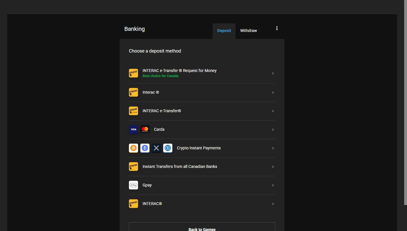 Royal Vegas Casino cashier deposit screen listing Interac, cards, crypto and Google Pay