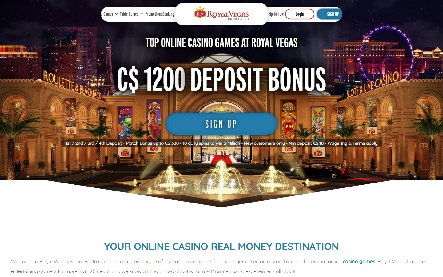 Royal Vegas Casino homepage showing the C$1,200 deposit bonus