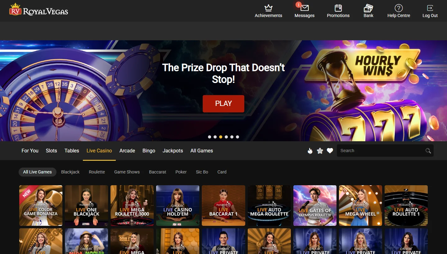 Royal Vegas Casino Live Casino tab with browsable live dealer tables