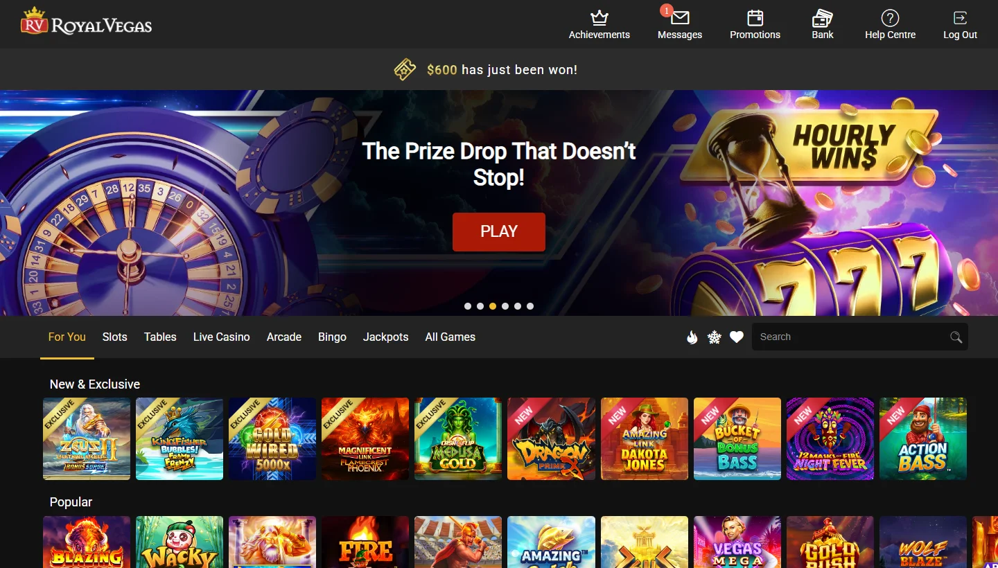 Royal Vegas Casino For You lobby page with new and exclusive game rows
