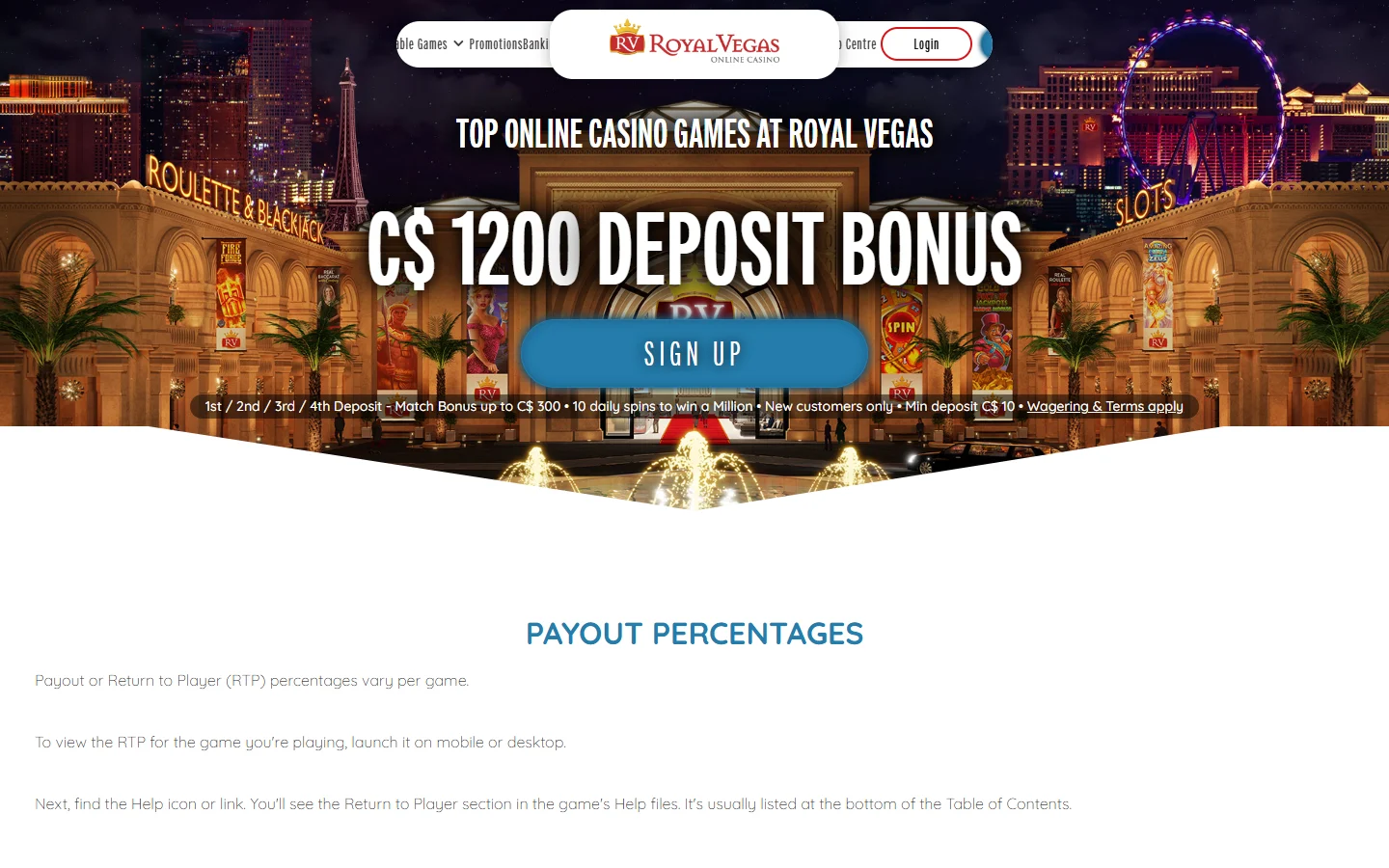Royal Vegas Casino payout percentages page which lists no percentages