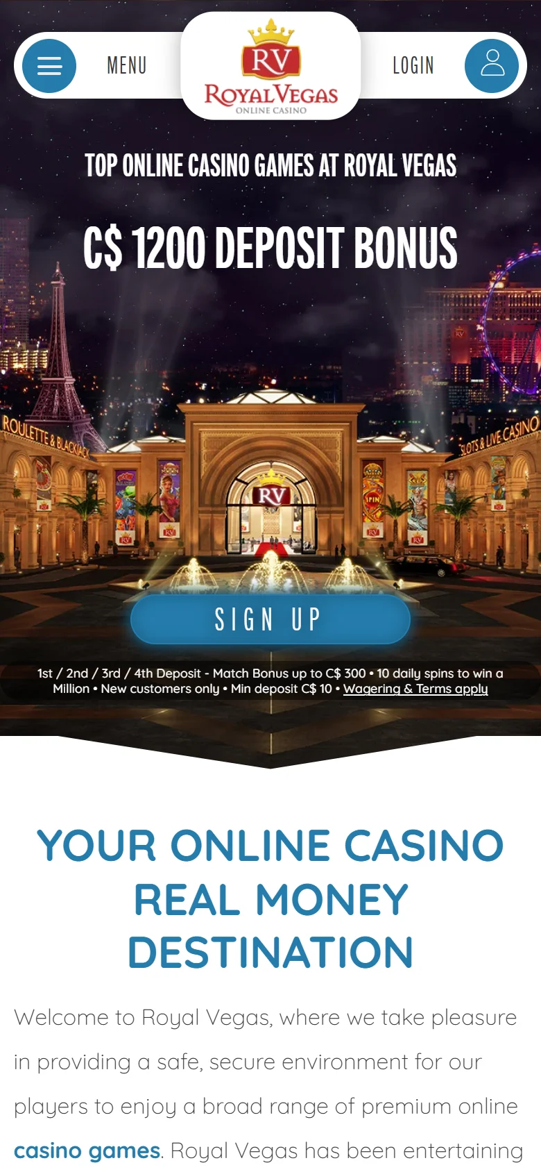 Royal Vegas Casino mobile homepage with the C$1,200 bonus strip