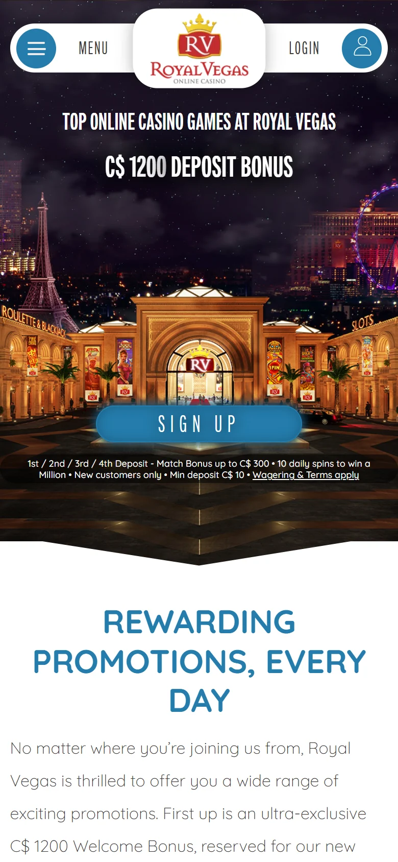 Royal Vegas Casino mobile promotions page with the welcome offer