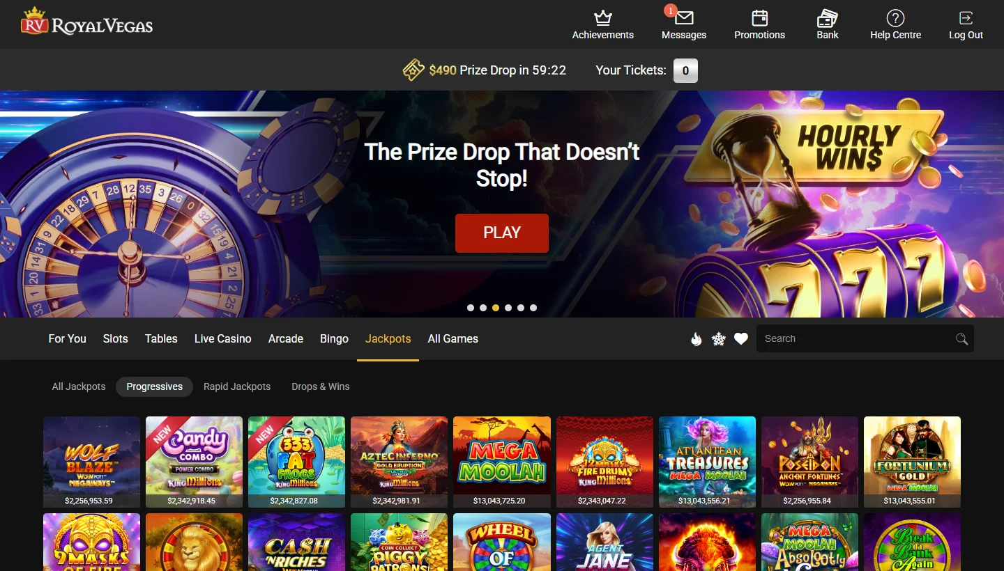 Royal Vegas Casino Progressives filter showing Mega Moolah and WowPot slots with pool values