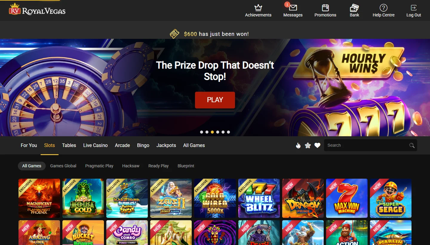 Royal Vegas Casino Slots tab with provider filters for Games Global, Pragmatic Play, Hacksaw, Ready Play and Blueprint