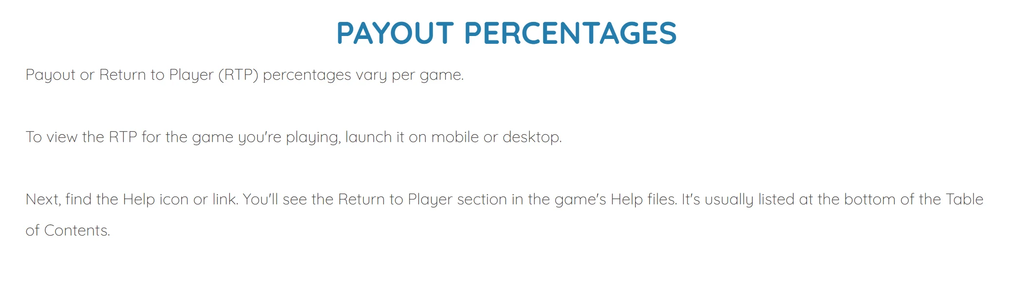 Royal Vegas Casino payout percentages page containing three sentences and no numbers
