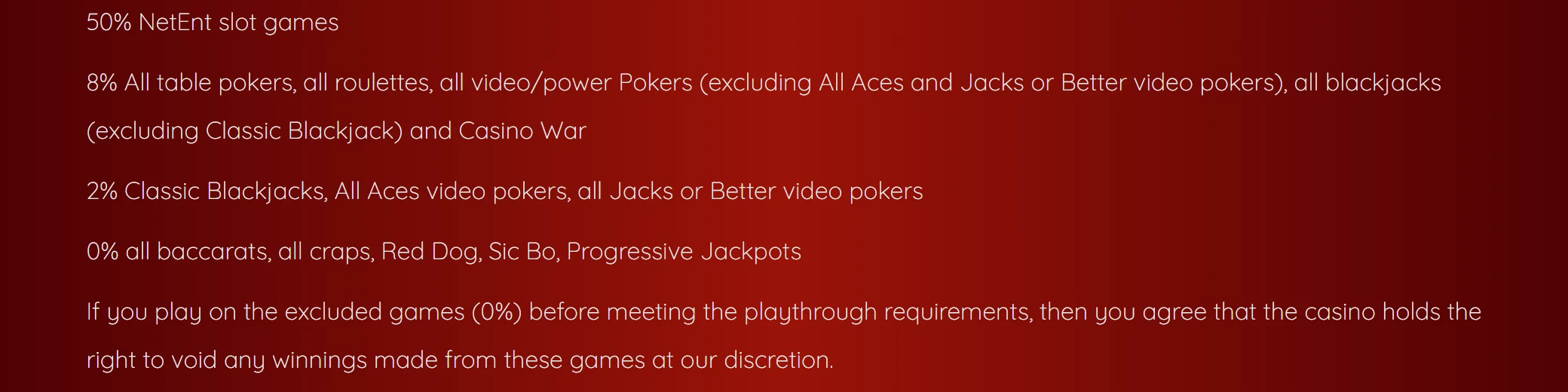 Royal Vegas Casino terms weighting progressive jackpots at 0 percent