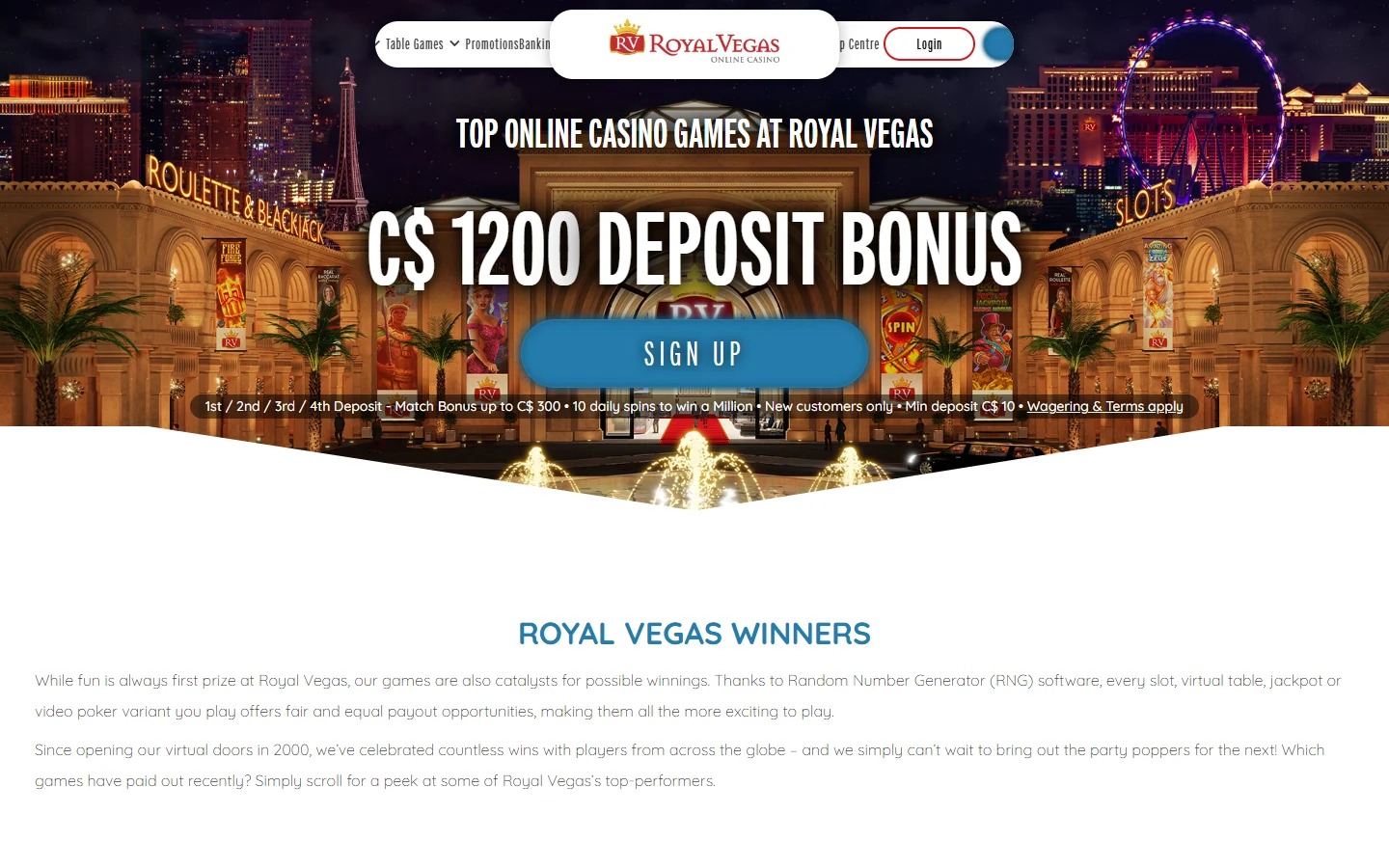 Royal Vegas Casino winners page with a rotating list of recent wins