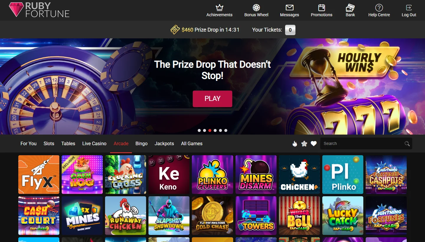 Ruby Fortune Casino arcade category showing crash and instant win game tiles
