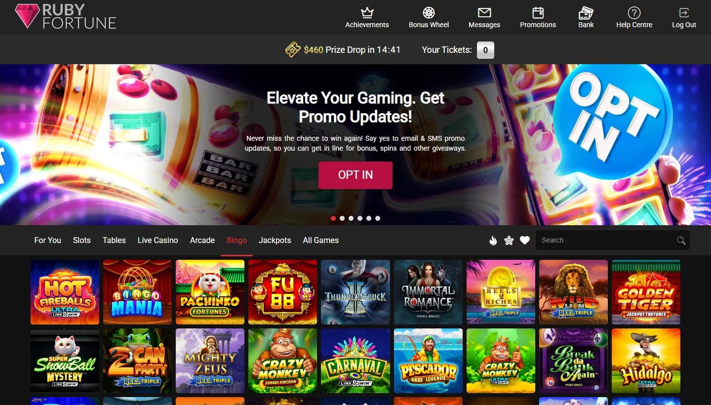 Ruby Fortune Casino bingo category showing bingo game tiles