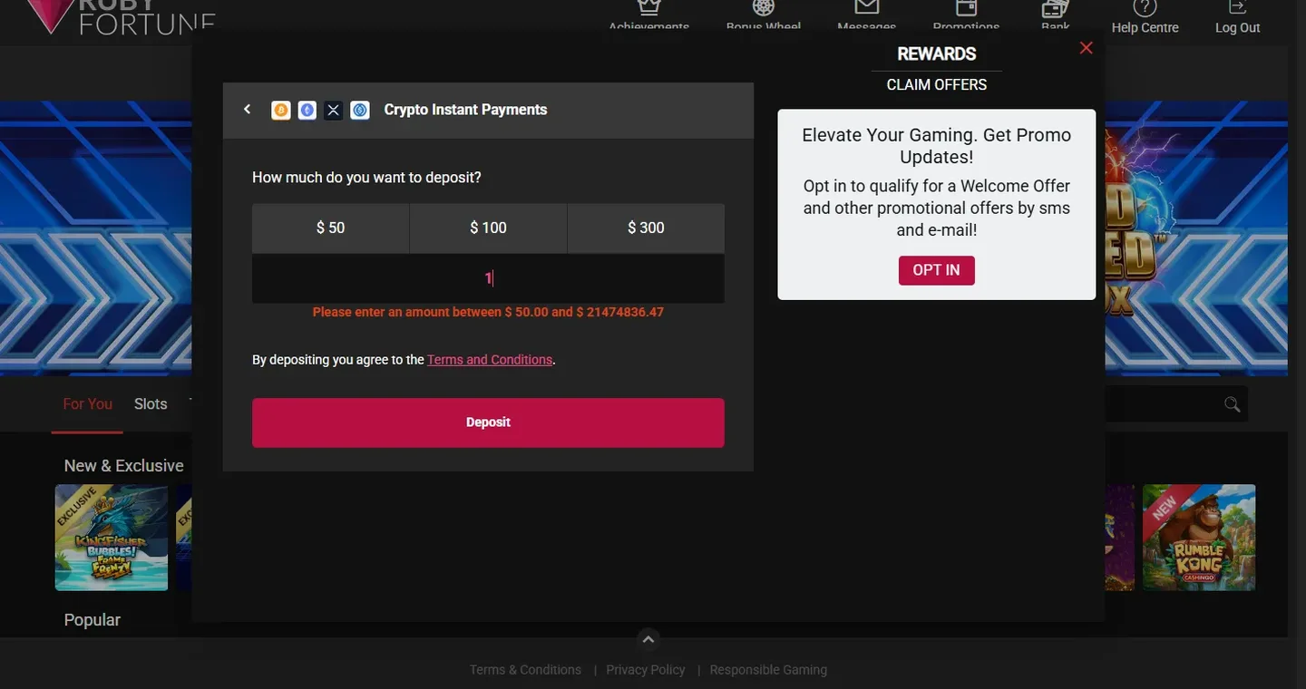 Ruby Fortune Casino crypto deposit screen showing the fifty dollar minimum