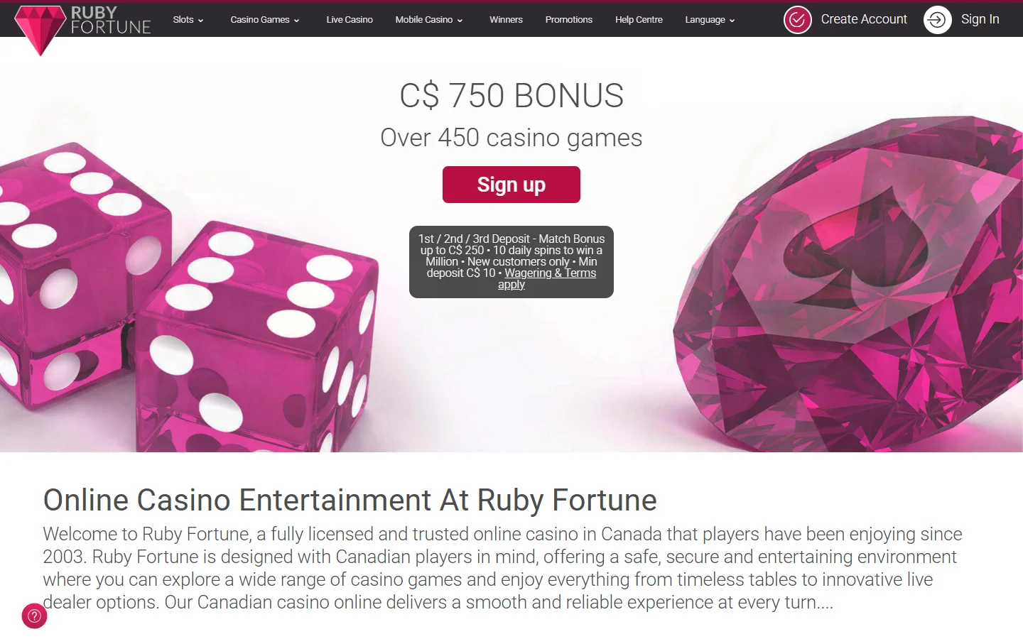 Ruby Fortune Casino homepage showing the C$750 bonus and the over 450 casino games line