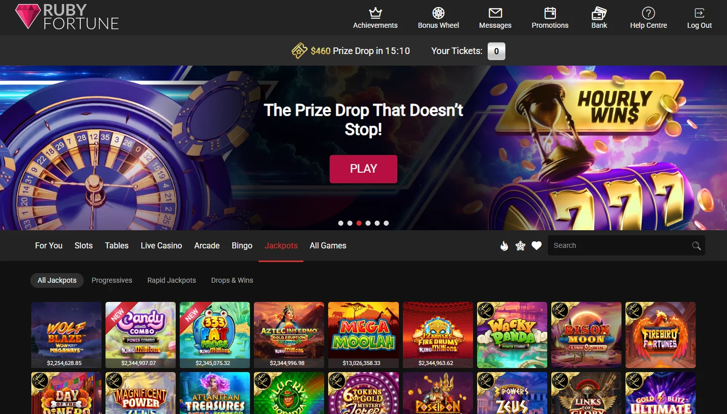 Ruby Fortune Casino jackpot lobby with live pool values on every game tile