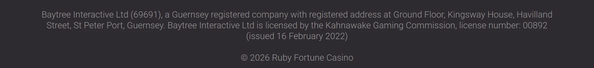 Ruby Fortune Casino footer naming Baytree Interactive Ltd and Kahnawake licence 00892