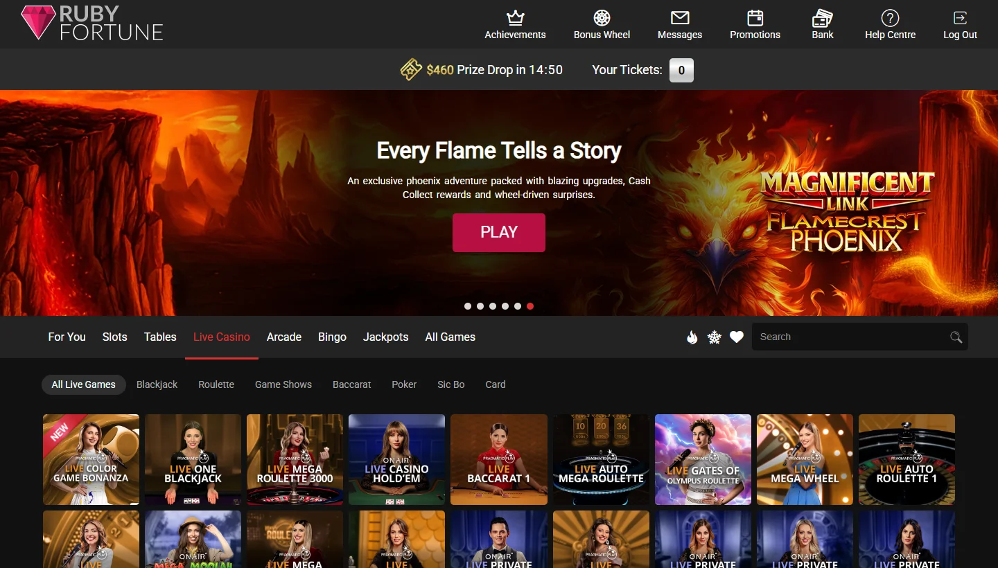 Ruby Fortune Casino live casino tab with sub-filters and dozens of live dealer tables