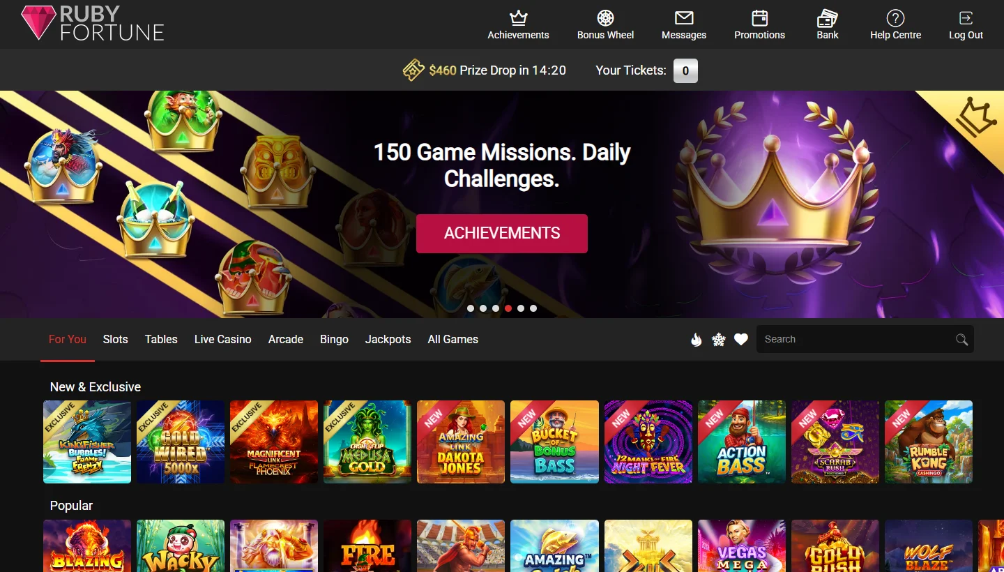 Ruby Fortune Casino For You landing page with personalised game rows